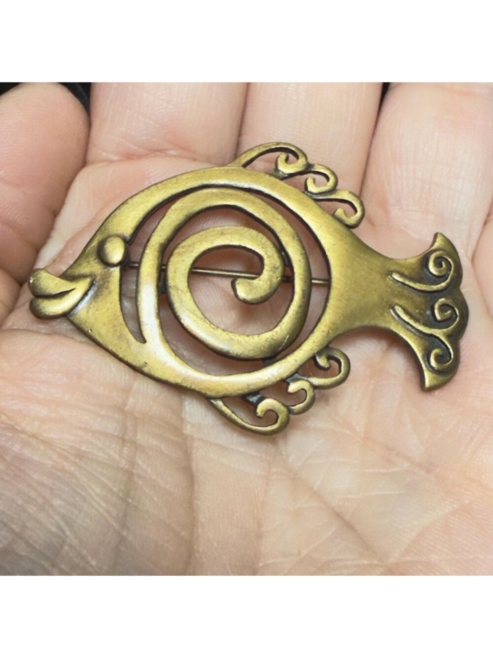 JJ Fish Brooch Gold Tone Swirl Open Metalwork Vintage Signed Pin 2"
